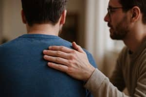 man offering support with hand on back during therapy session
